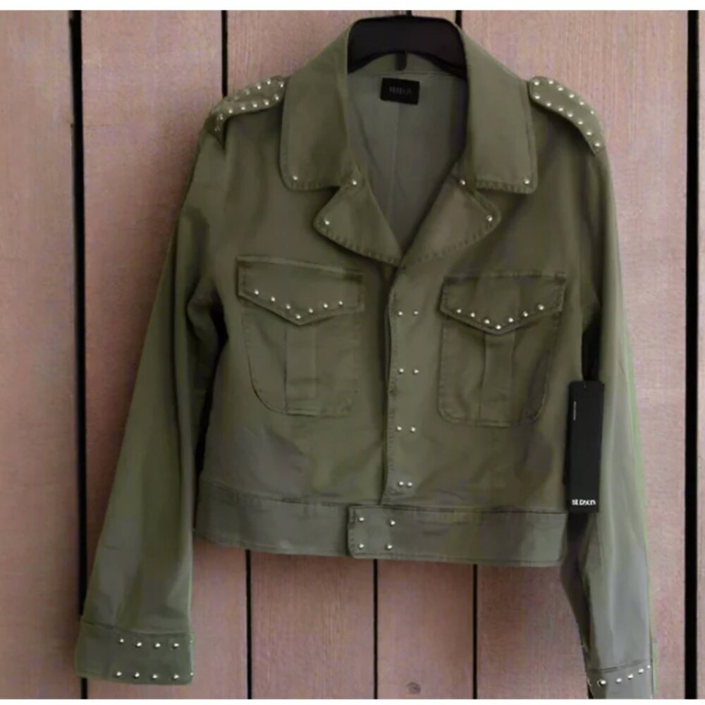 Hudson Edgy Moto Cropped Leather Jacket Silver Stud Accents - Khaki Green, M